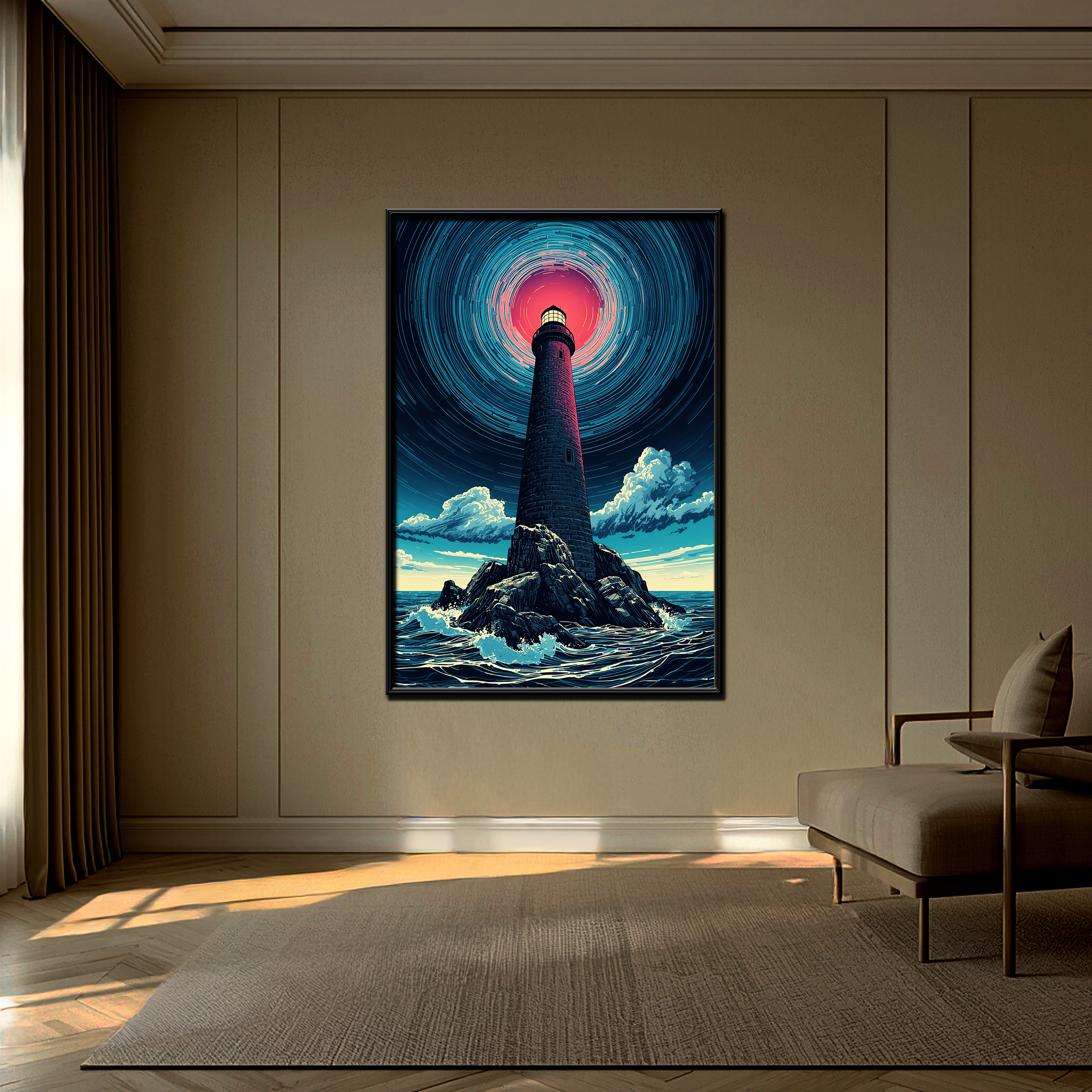 Yol Gösteren Işık Çerçeveli Duvar Sanatı | Minimalist Deniz Feneri Ev Dekorasyonu