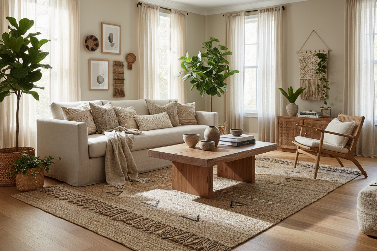 A beautifully styled bohemian living room with a natural, lived-in feel.
Warm neutral color palette with beige, cream, soft taupe, and earthy tones.
Natural materials such as linen sofas, textured cushions, woven rugs, raw wood furniture, and subtle ceramic decor.
Soft daylight entering through large windows, creating gentle shadows and a calm atmosphere.
Minimal yet curated styling — elegant, cozy, and refined boho aesthetic.
No people, no text, no logos.
High-end interior design, realistic lighting, premi