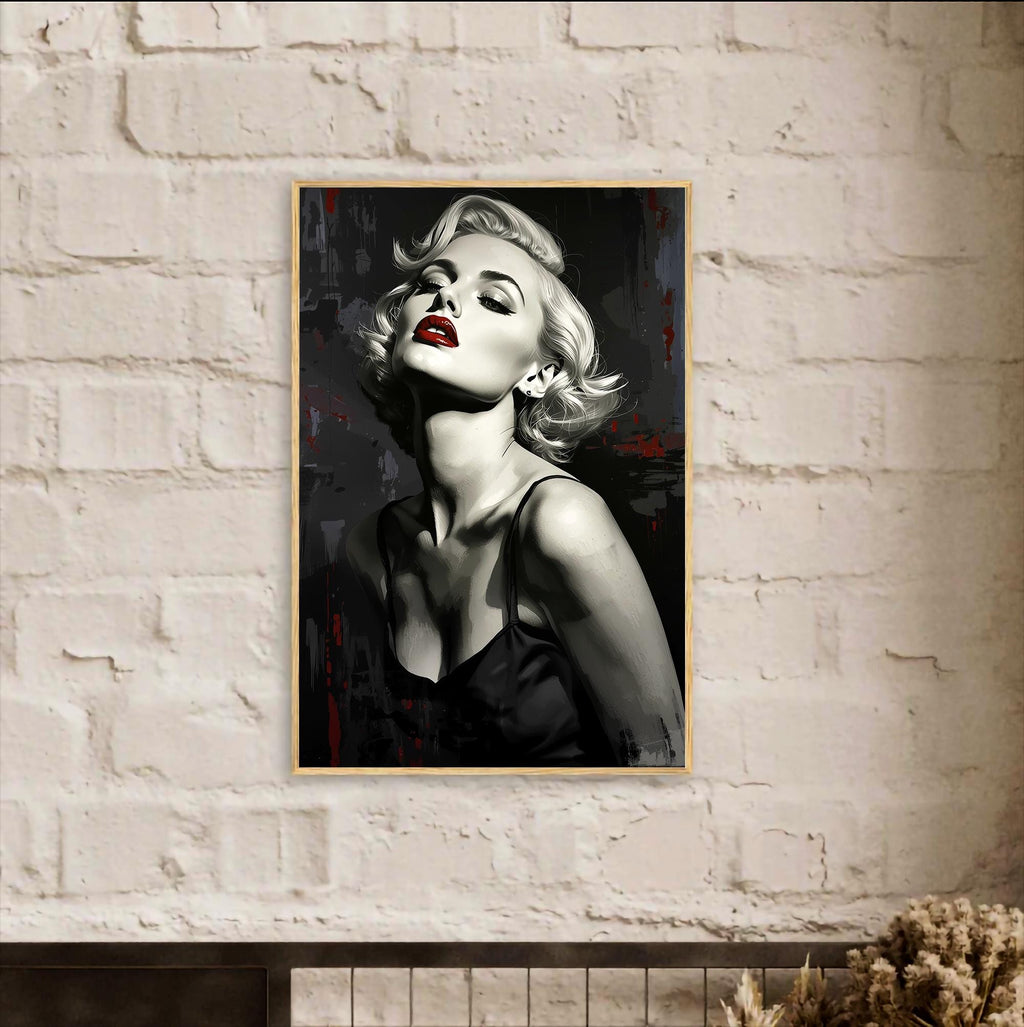 Marilyn Monroe Black and White Portrait Wall Art | Noir Glamour Print with Red Lips
