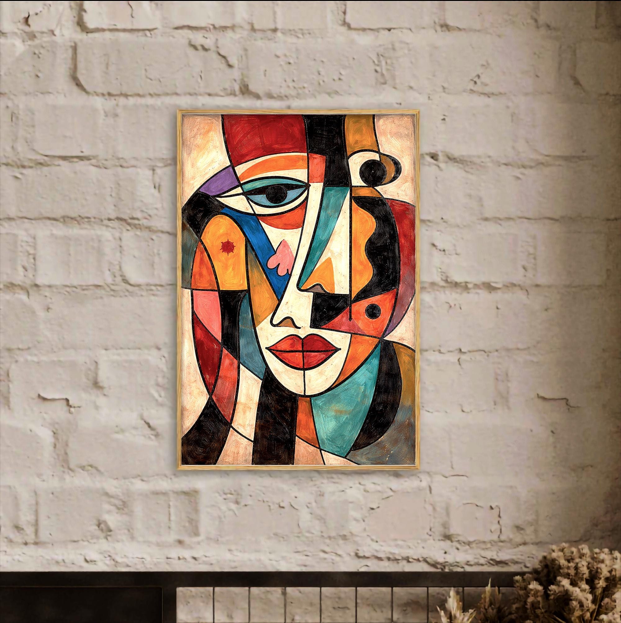 Soyut Yüz Duvar Sanatı | Kübist Portre Baskısı, Modern Renkli Soyut Resim, Dikkat Çekici Ev Dekorasyonu