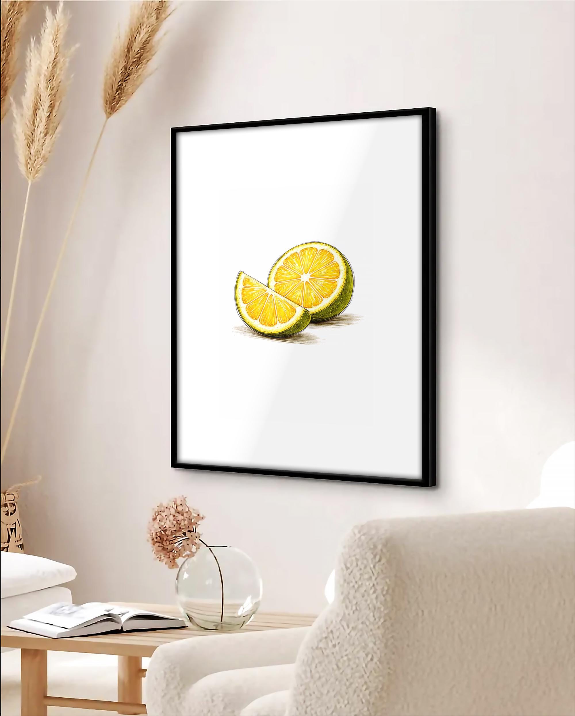 Limon Duvar Sanatı | Minimalist Narenciye Temalı Mutfak Baskısı, Modern Yemek İllüstrasyonu, Ferah Mutfak Dekorasyonu