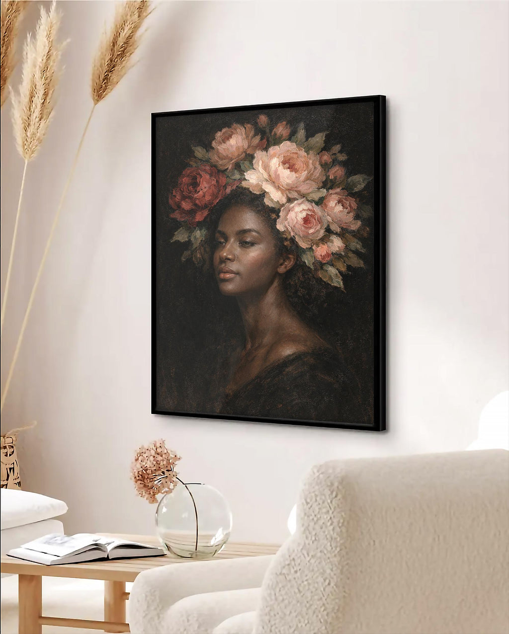 Çiçekli Portre Duvar Sanatı, Kadınsı Yağlı Boya Tablo Baskısı, Zarif Kadın Dekorasyonu
