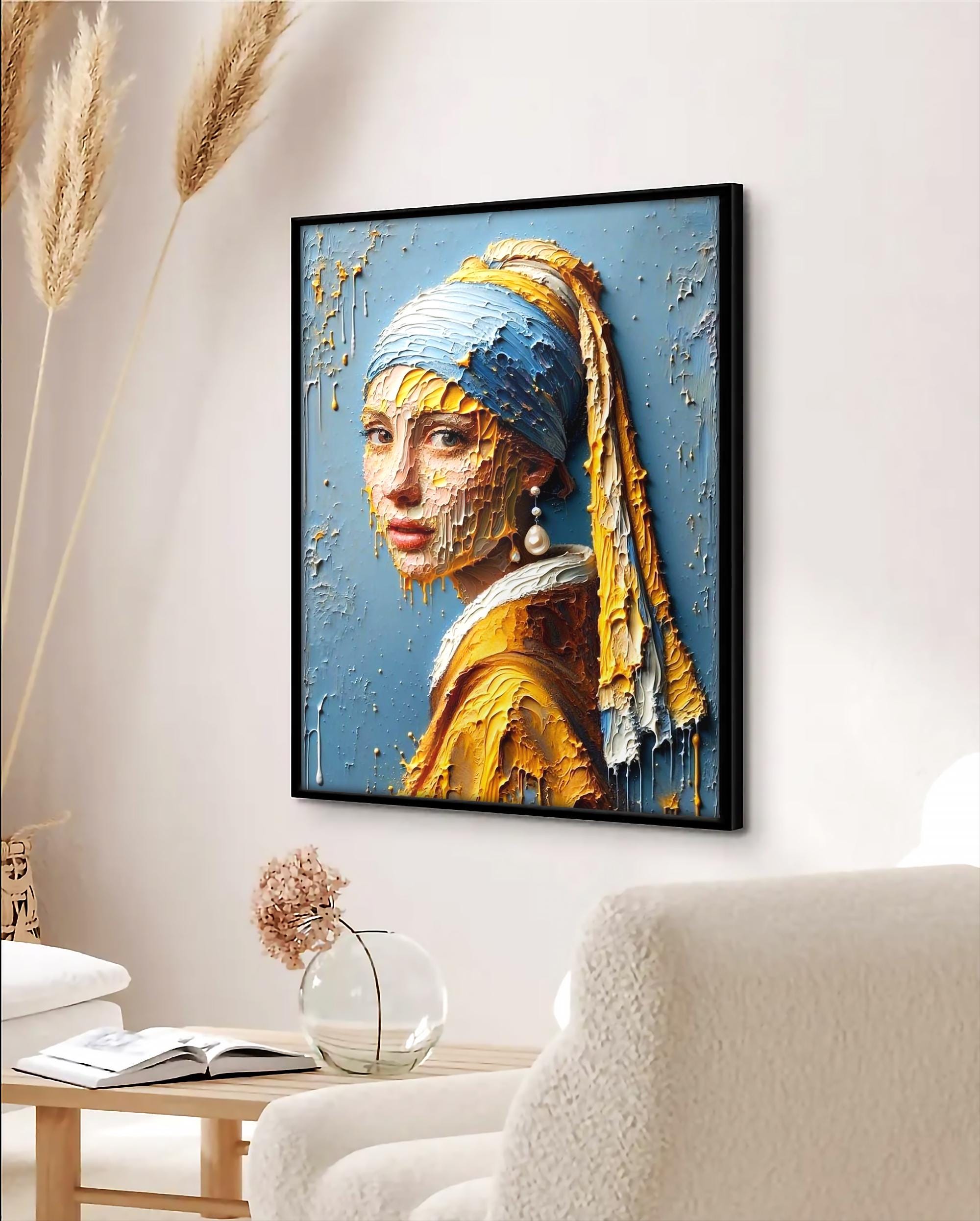 İnci Küpeli Soyut Ekspresyonist Kız | Dokulu Portre Duvar Sanatı