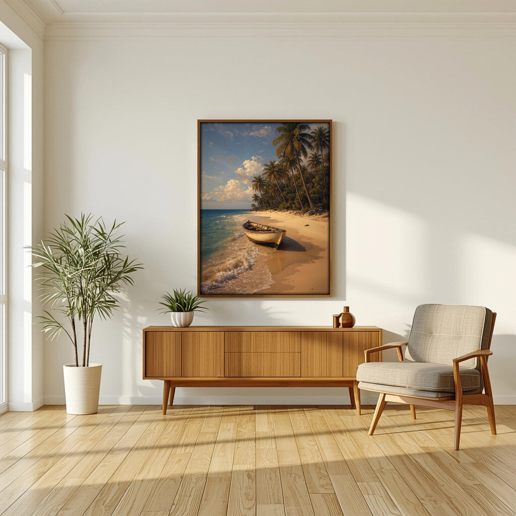 Tropical Beach Wall Art, Coastal Landscape Print, Palm Tree Ocean Decor, Serene Seaside Artwork