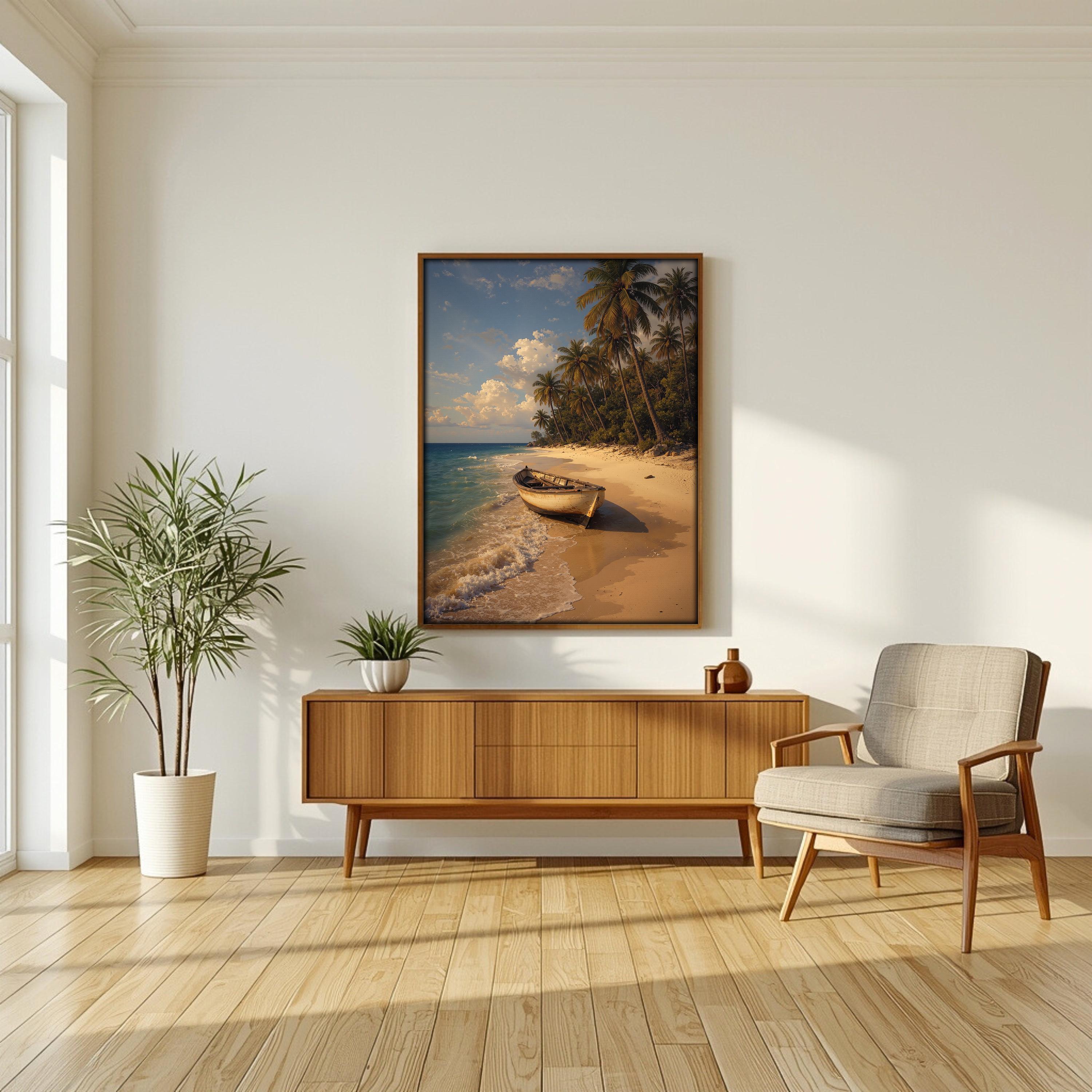 Tropikal Plaj Duvar Sanatı, Kıyı Manzarası Baskısı, Palmiye Ağacı Okyanus Dekoru, Huzurlu Deniz Kenarı Sanat Eseri