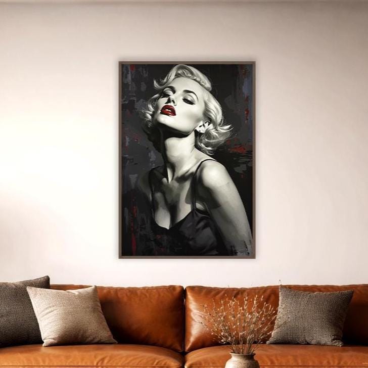 Marilyn Monroe Black and White Portrait Wall Art | Noir Glamour Print with Red Lips