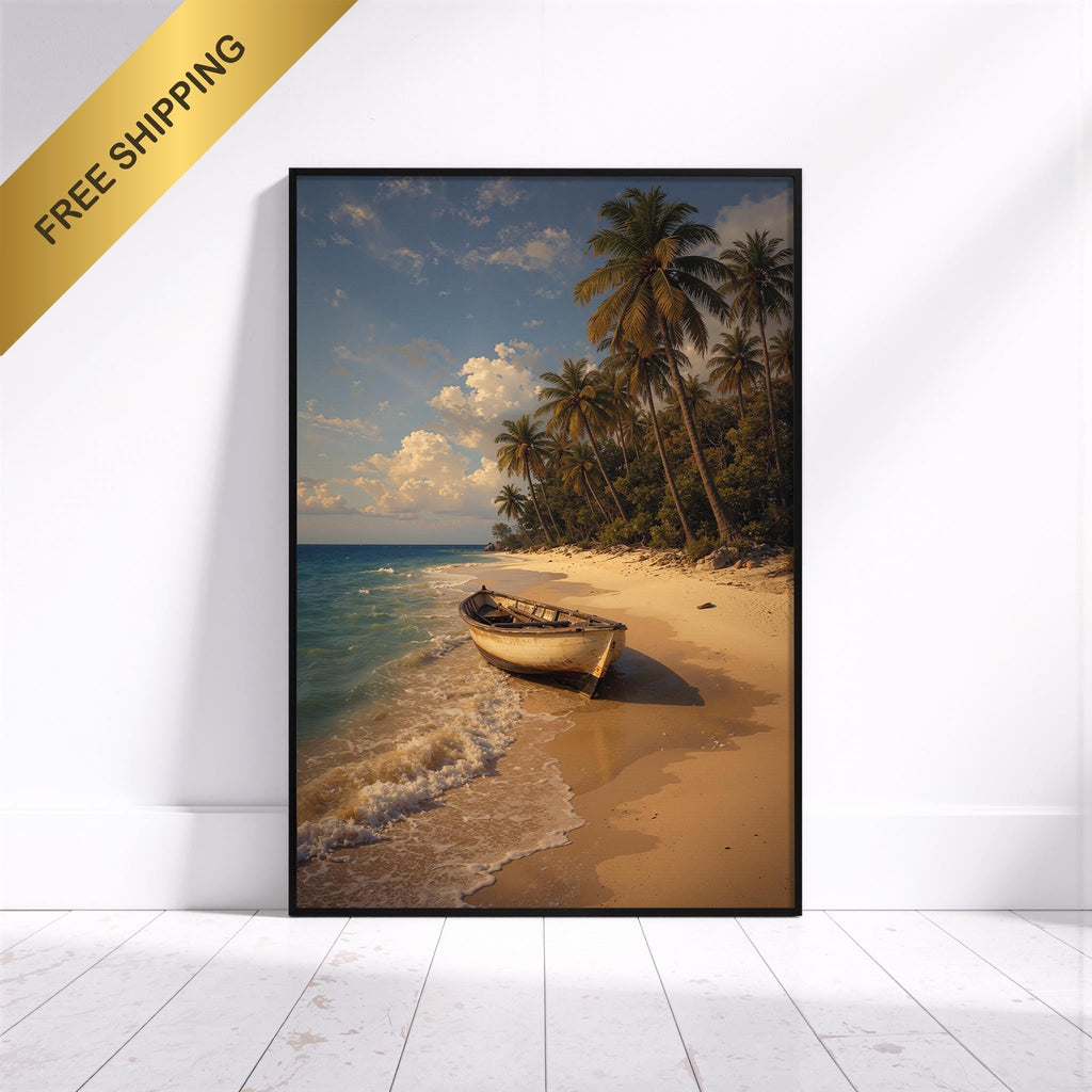 Tropical Beach Wall Art, Coastal Landscape Print, Palm Tree Ocean Decor, Serene Seaside Artwork