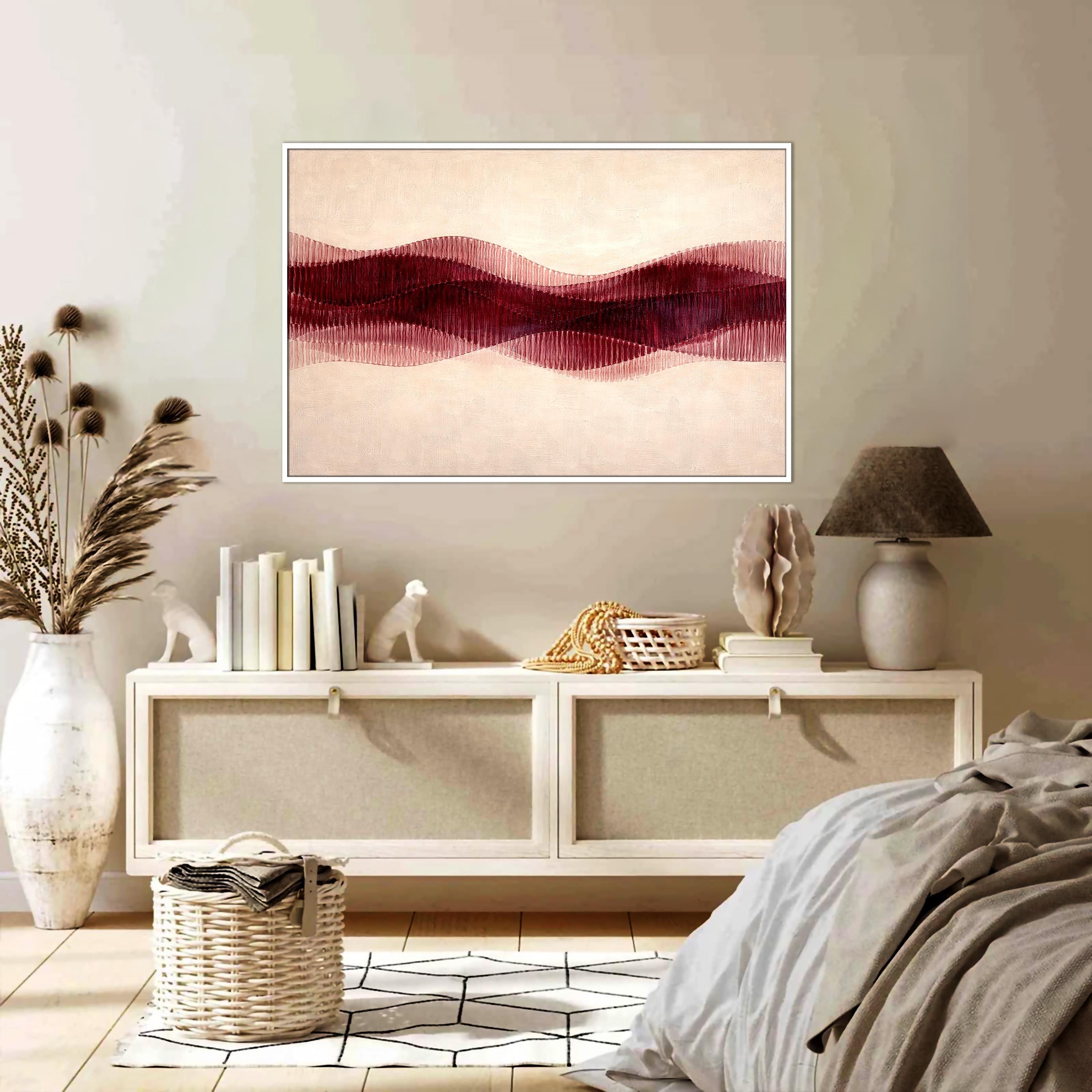 Modern Soyut Duvar Sanatı | Minimalist Bordo Yatay Sanat Eseri, Nötr Çağdaş Kanvas, Dikkat Çekici Ev Dekorasyonu