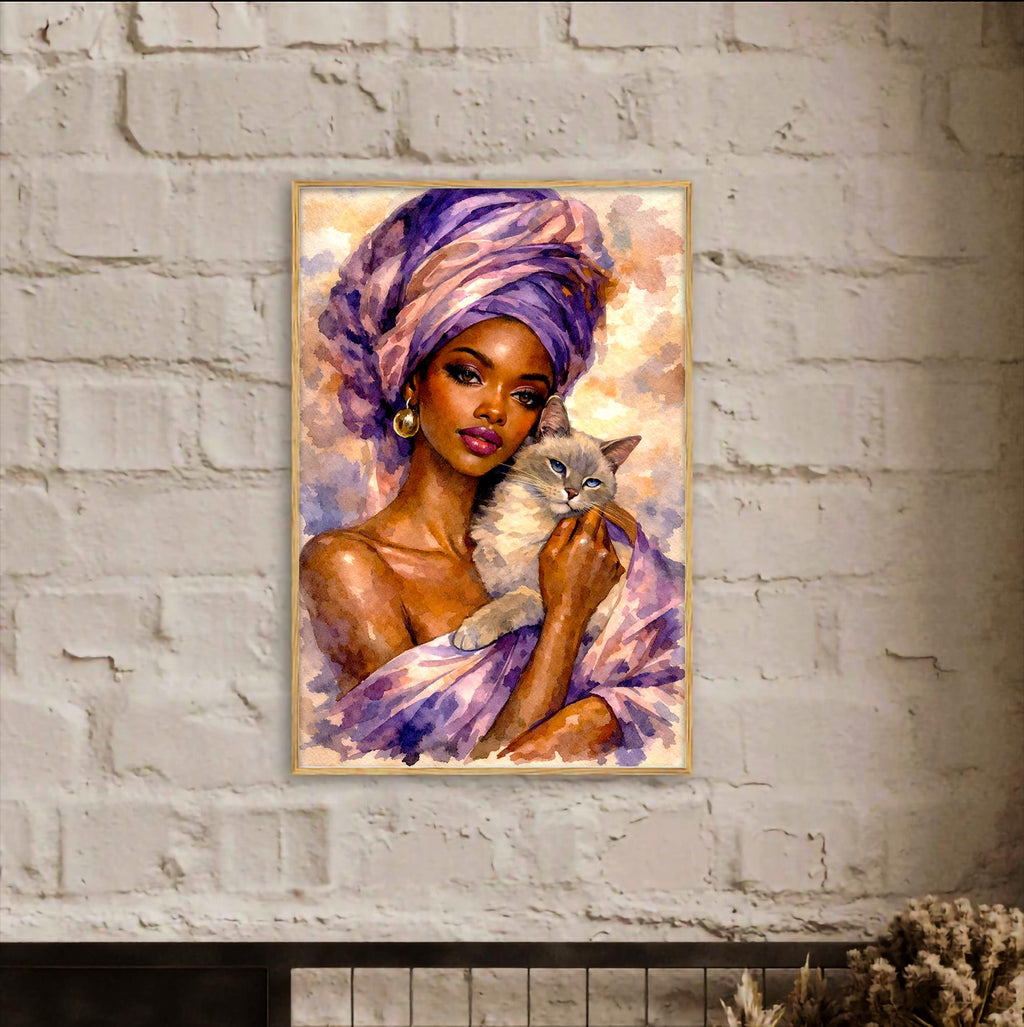 Kedili Kadın Çerçeveli Poster: Asil Suluboya Sanatı, Mor ve Altın