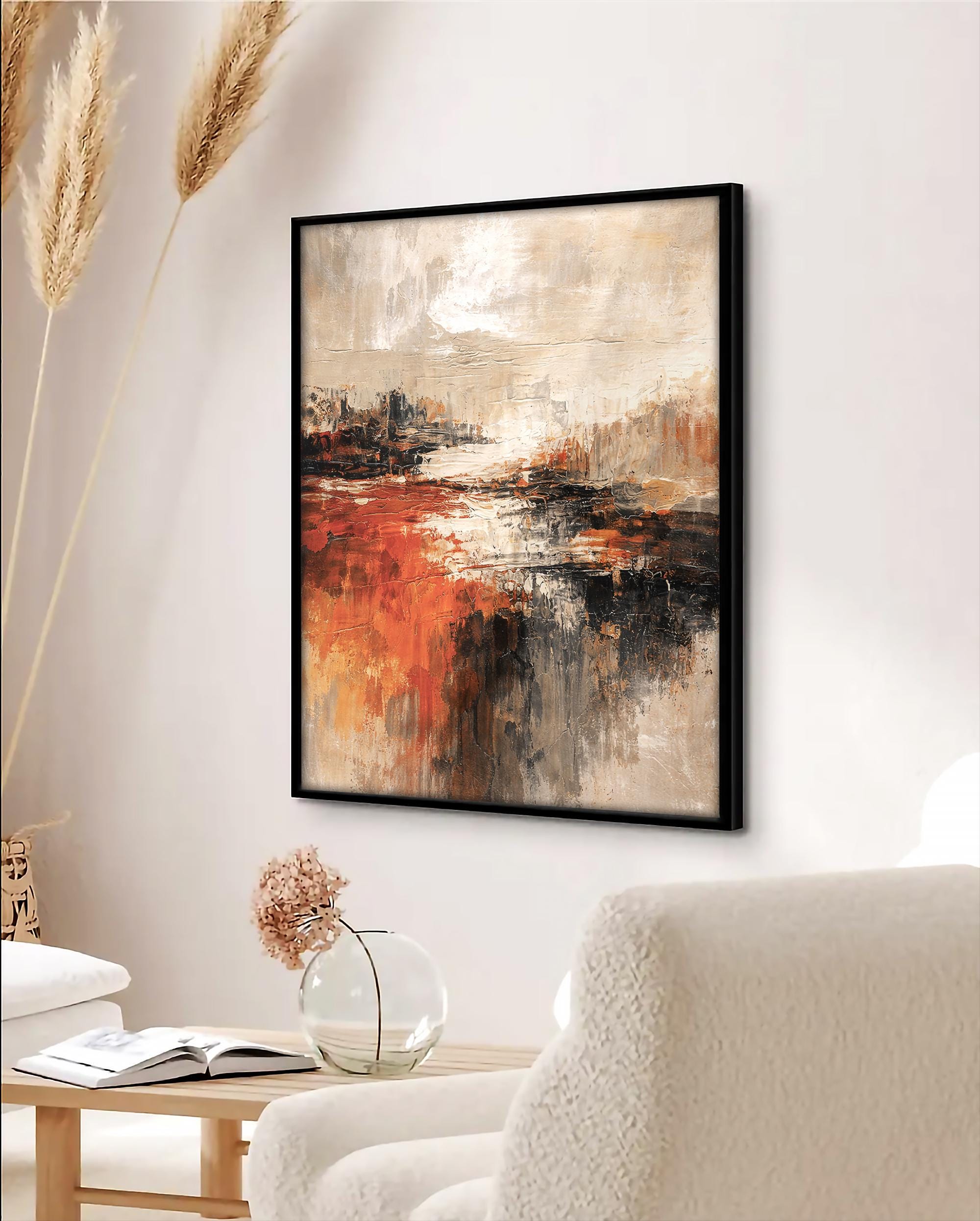 Soyut Ufuk Çerçeveli Duvar Sanatı – Sıcak Toprak Tonları, Kalın Boya Dokusu