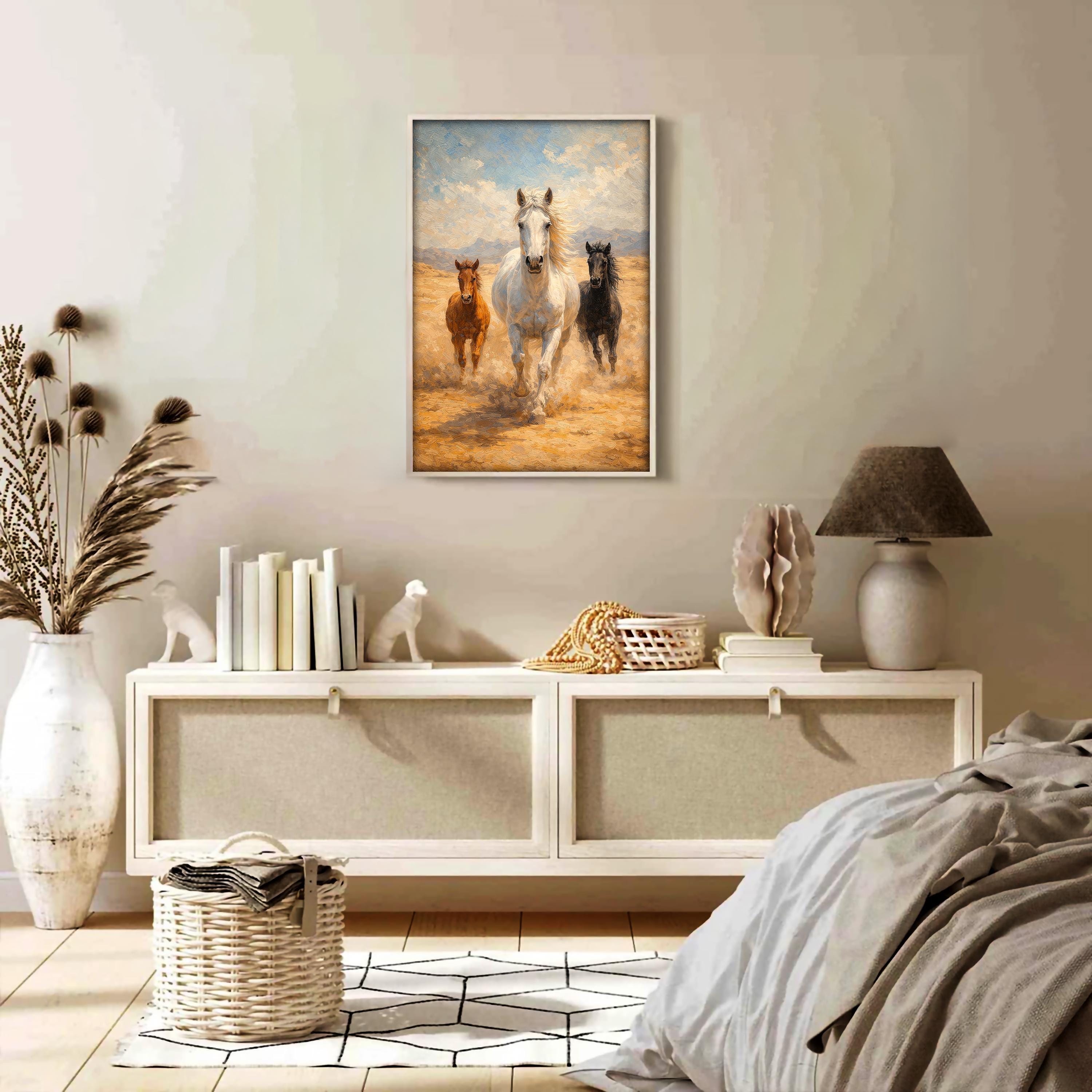 Atlar Duvar Sanatı | Beyaz At ve Tayları Yağlı Boya Tablo Tarzı | Özgürlük Hayvanı Sanat Baskısı