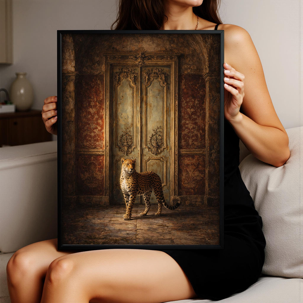 Regal Leopard's Grand Entrance: Ornate Framed Poster – Timeless Elegance & Striking Presence