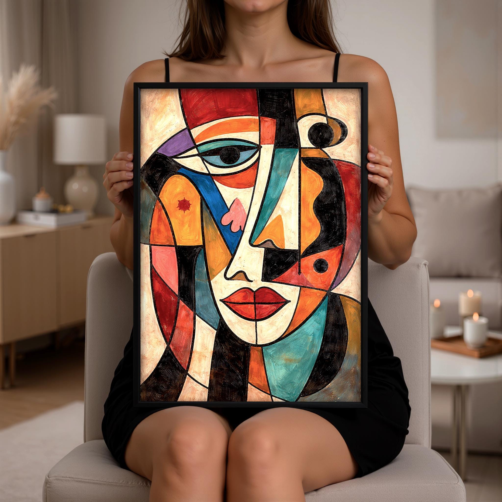 Soyut Yüz Duvar Sanatı | Kübist Portre Baskısı, Modern Renkli Soyut Resim, Dikkat Çekici Ev Dekorasyonu