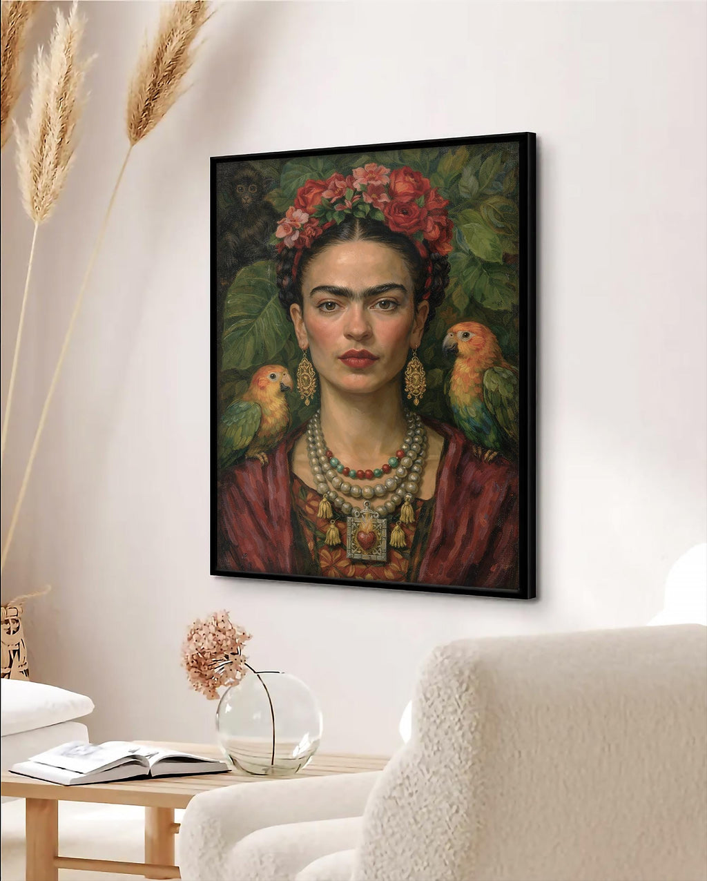 Frida Kahlo Portre Sanatı, Cesur Kadınsı Duvar Sanatı, Sanatsal Çiçekli Portre Baskısı