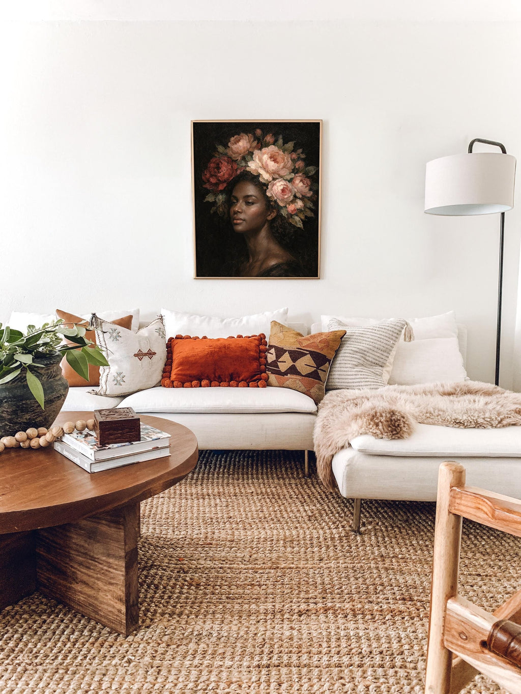 Çiçekli Portre Duvar Sanatı, Kadınsı Yağlı Boya Tablo Baskısı, Zarif Kadın Dekorasyonu