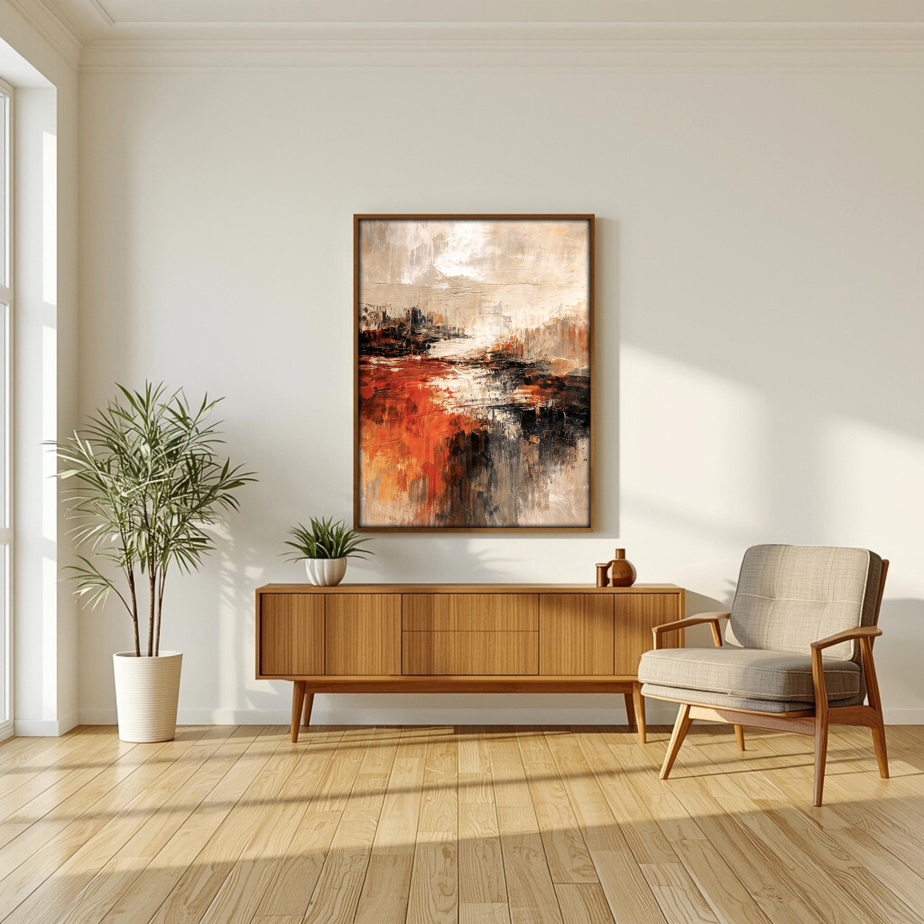 Soyut Ufuk Çerçeveli Duvar Sanatı – Sıcak Toprak Tonları, Kalın Boya Dokusu
