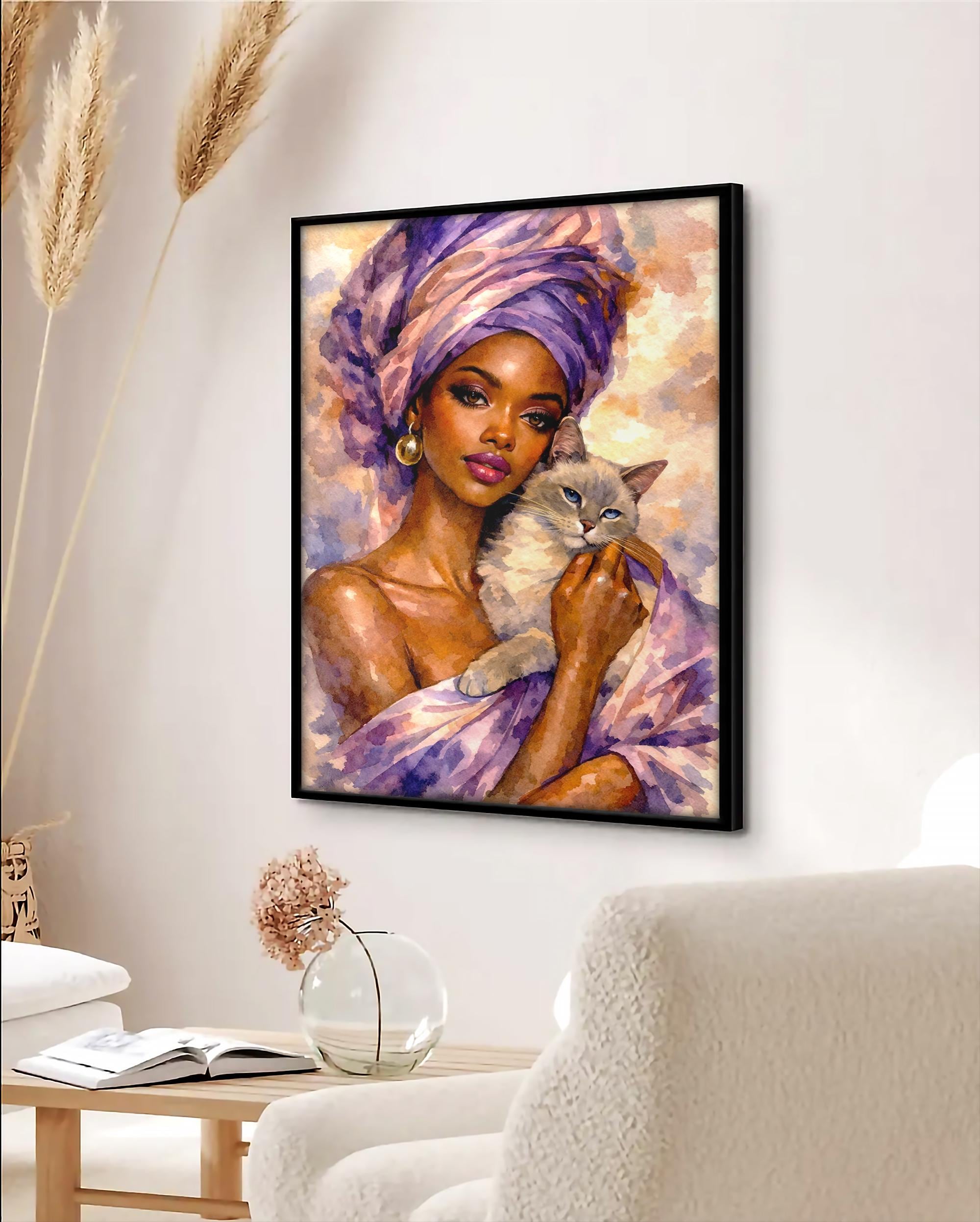 Kedili Kadın Çerçeveli Poster: Asil Suluboya Sanatı, Mor ve Altın