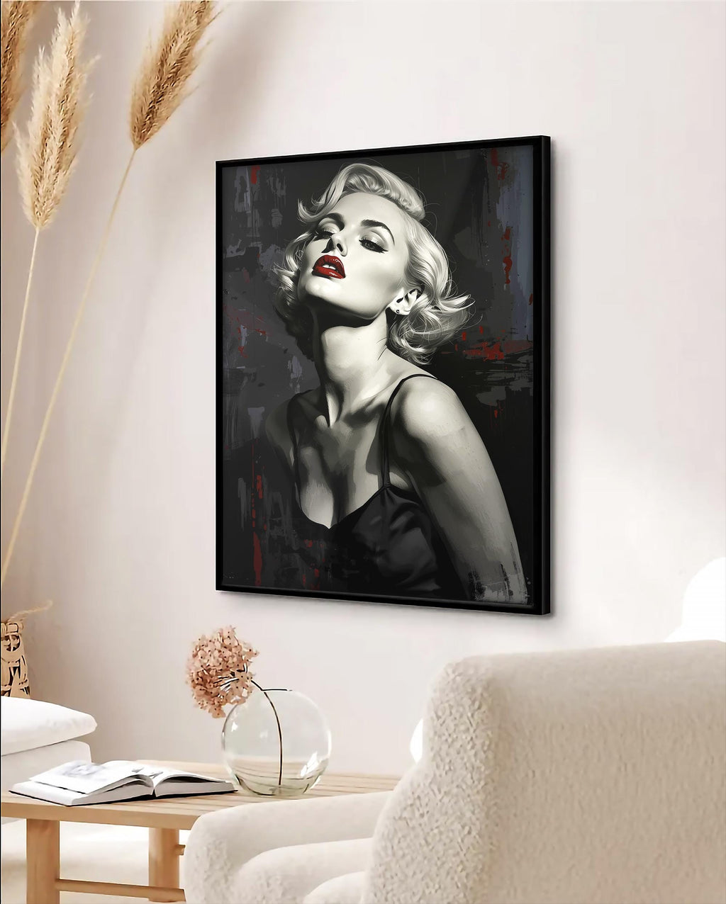 Marilyn Monroe Black and White Portrait Wall Art | Noir Glamour Print with Red Lips