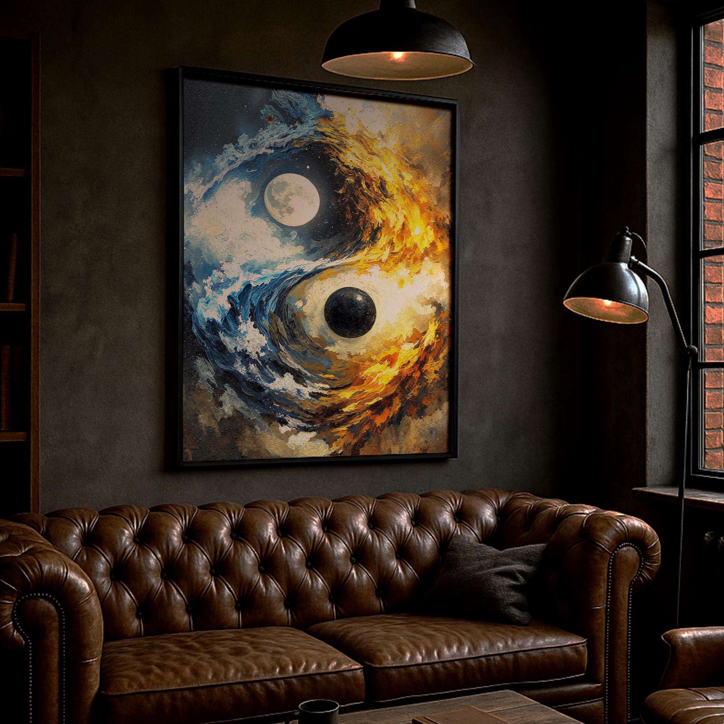 Yin Yang Soyut Duvar Sanatı, Modern Kozmik Denge Baskısı, Mavi Altın Çağdaş Dekorasyon