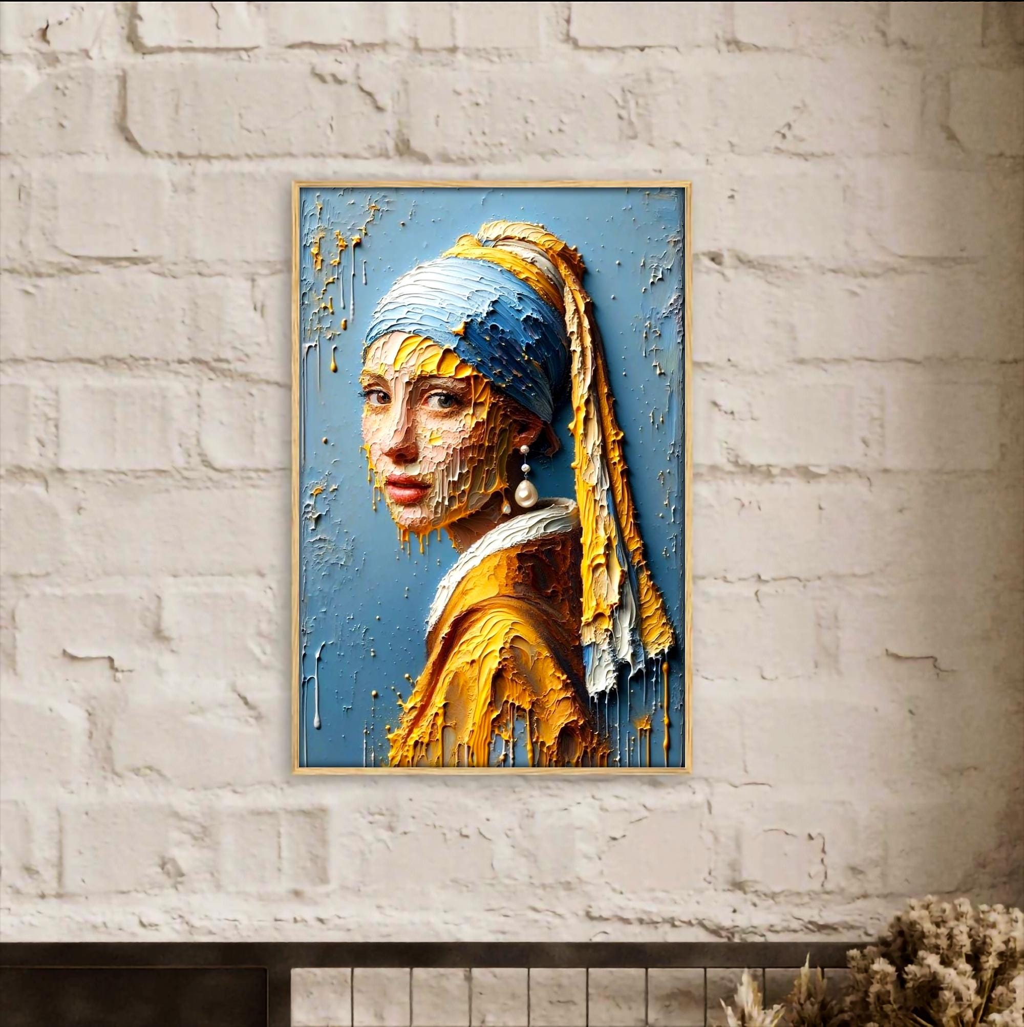 İnci Küpeli Soyut Ekspresyonist Kız | Dokulu Portre Duvar Sanatı