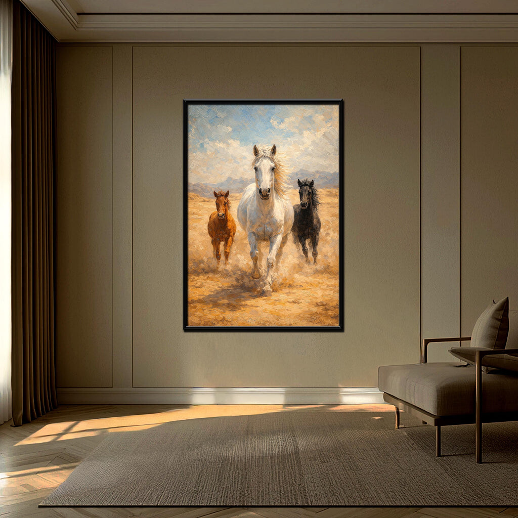 Atlar Duvar Sanatı | Beyaz At ve Tayları Yağlı Boya Tablo Tarzı | Özgürlük Hayvanı Sanat Baskısı