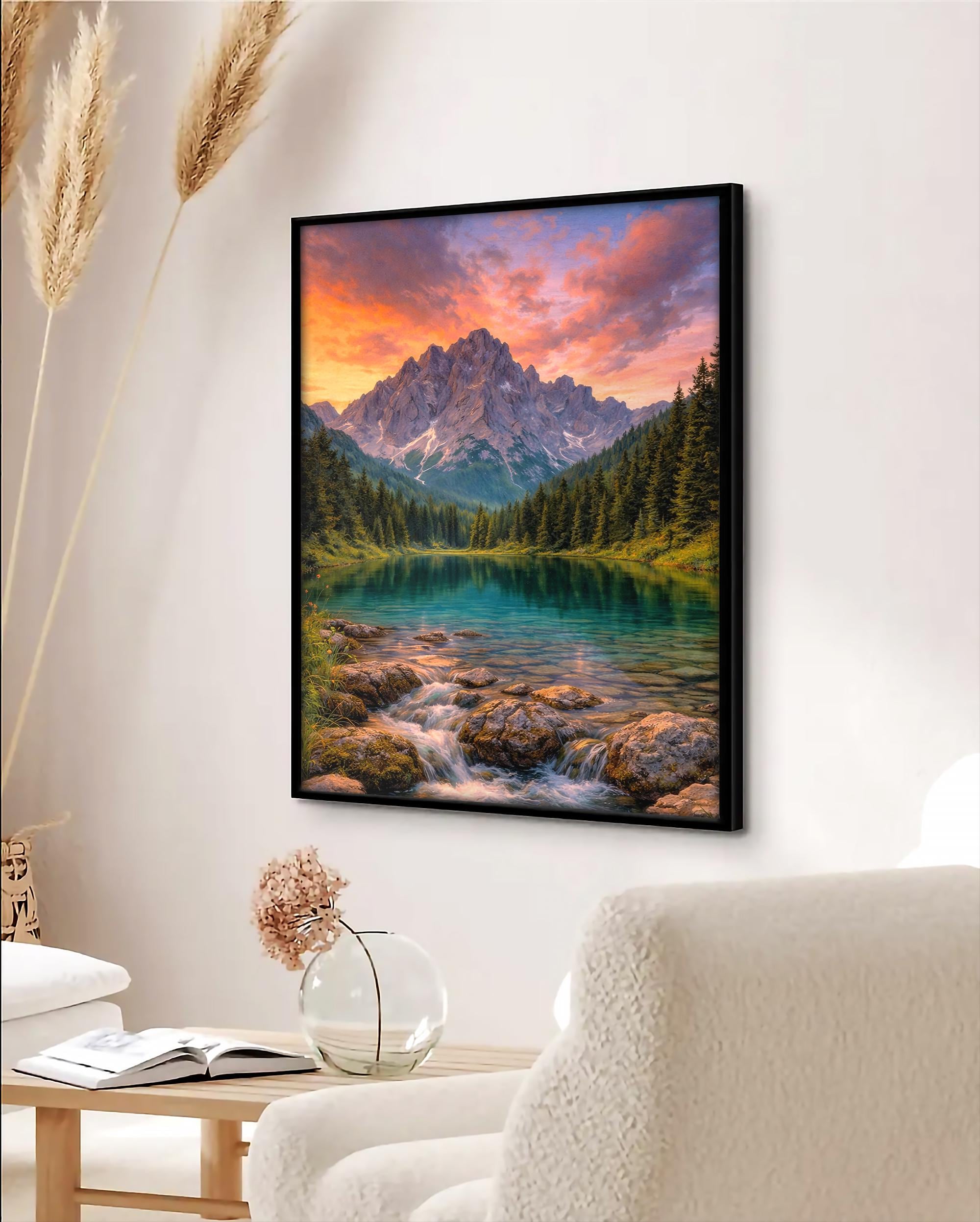 Canlı Dağ Gün Batımı Göl Çerçeveli Duvar Sanatı
