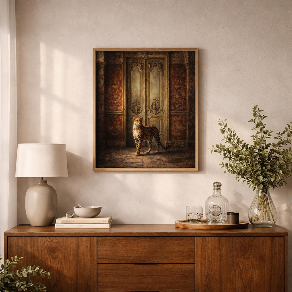 Regal Leopard's Grand Entrance: Ornate Framed Poster – Timeless Elegance & Striking Presence