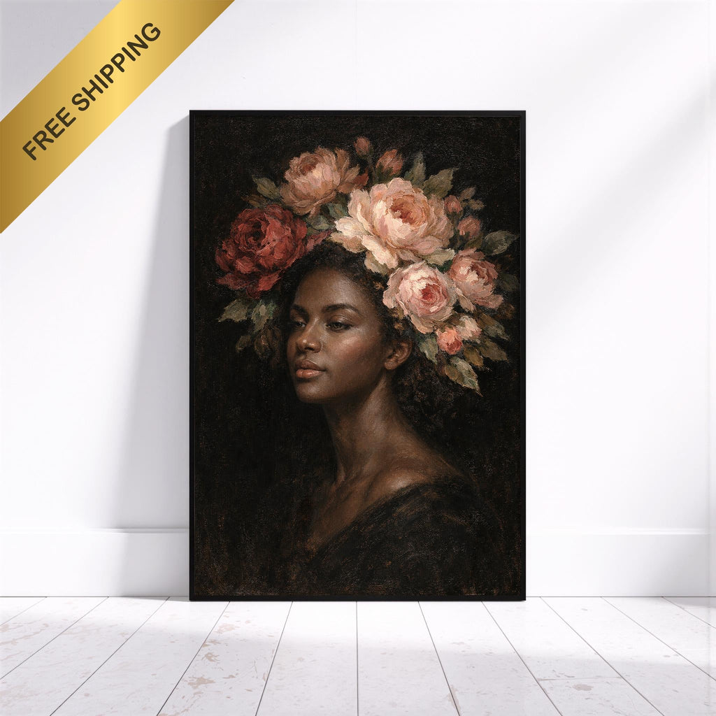 Çiçekli Portre Duvar Sanatı, Kadınsı Yağlı Boya Tablo Baskısı, Zarif Kadın Dekorasyonu