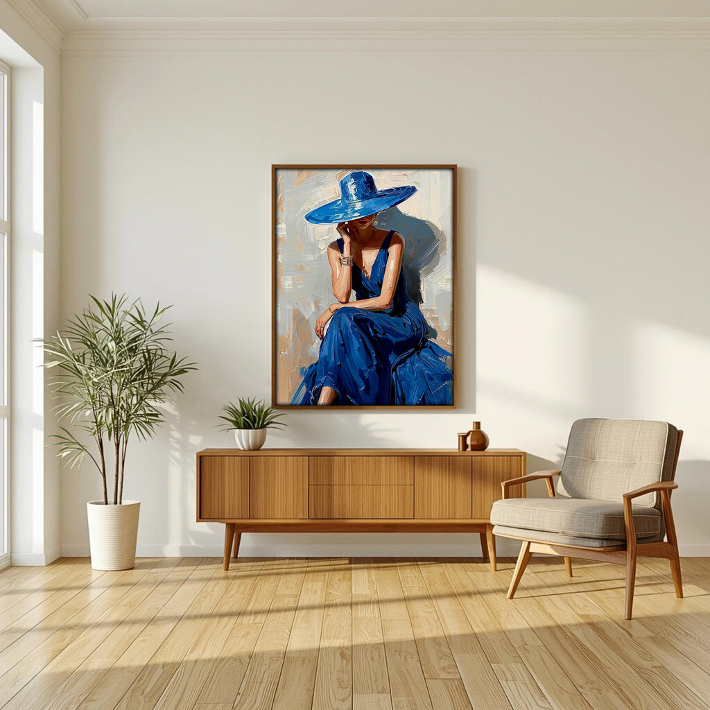 Zarif Moda Portre Duvar Sanatı, Mavi Elbiseli Kadın Baskısı, Modern Kadınsı Dekorasyon