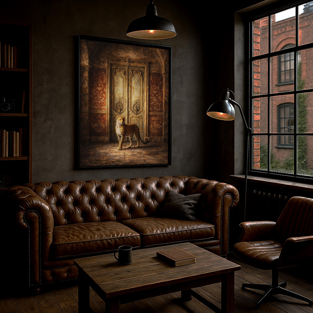 Regal Leopard's Grand Entrance: Ornate Framed Poster – Timeless Elegance & Striking Presence