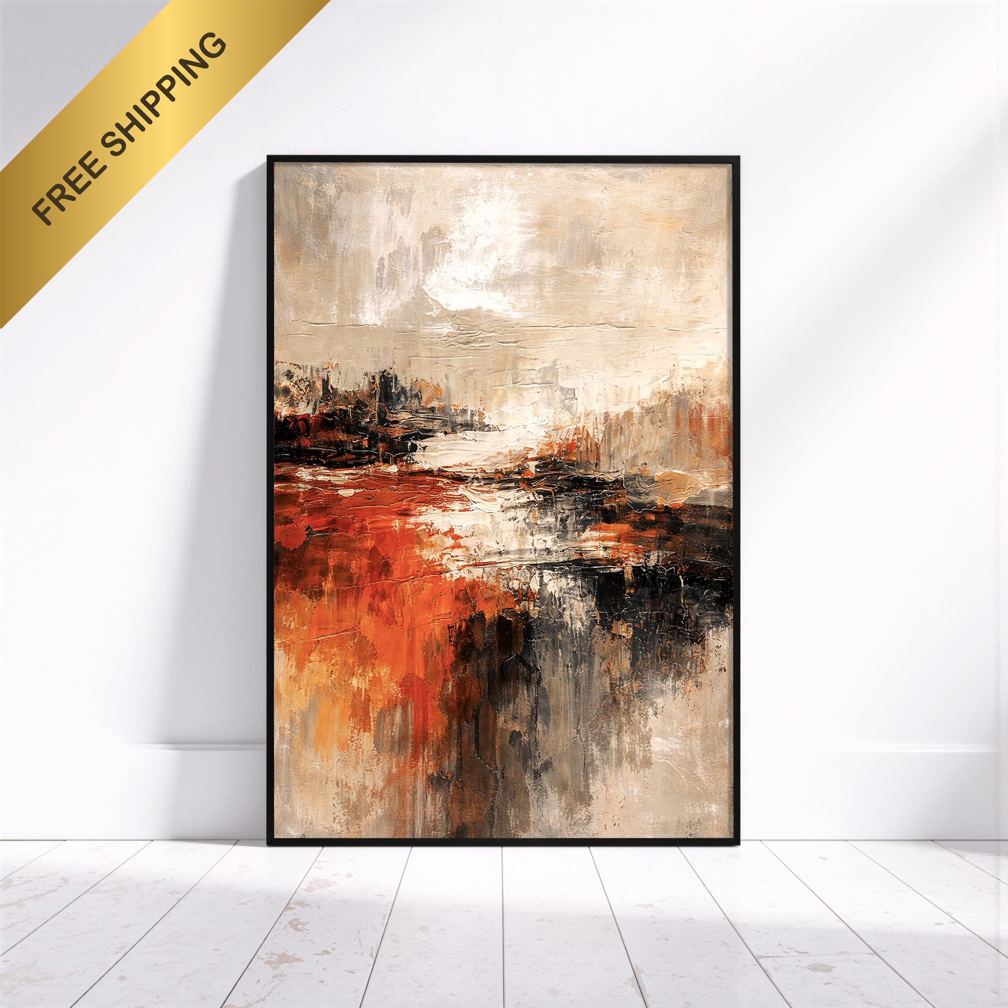 Soyut Ufuk Çerçeveli Duvar Sanatı – Sıcak Toprak Tonları, Kalın Boya Dokusu