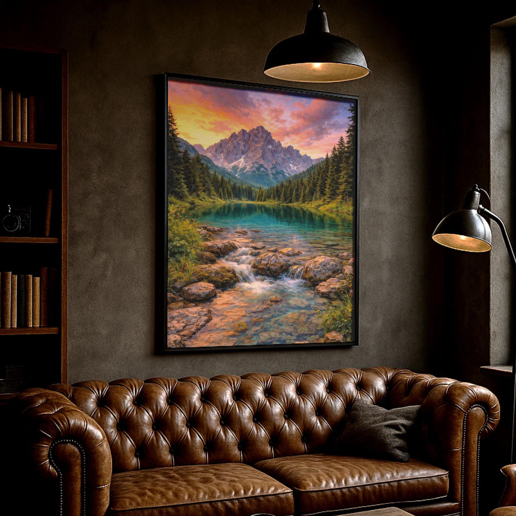 Canlı Dağ Gün Batımı Göl Çerçeveli Duvar Sanatı
