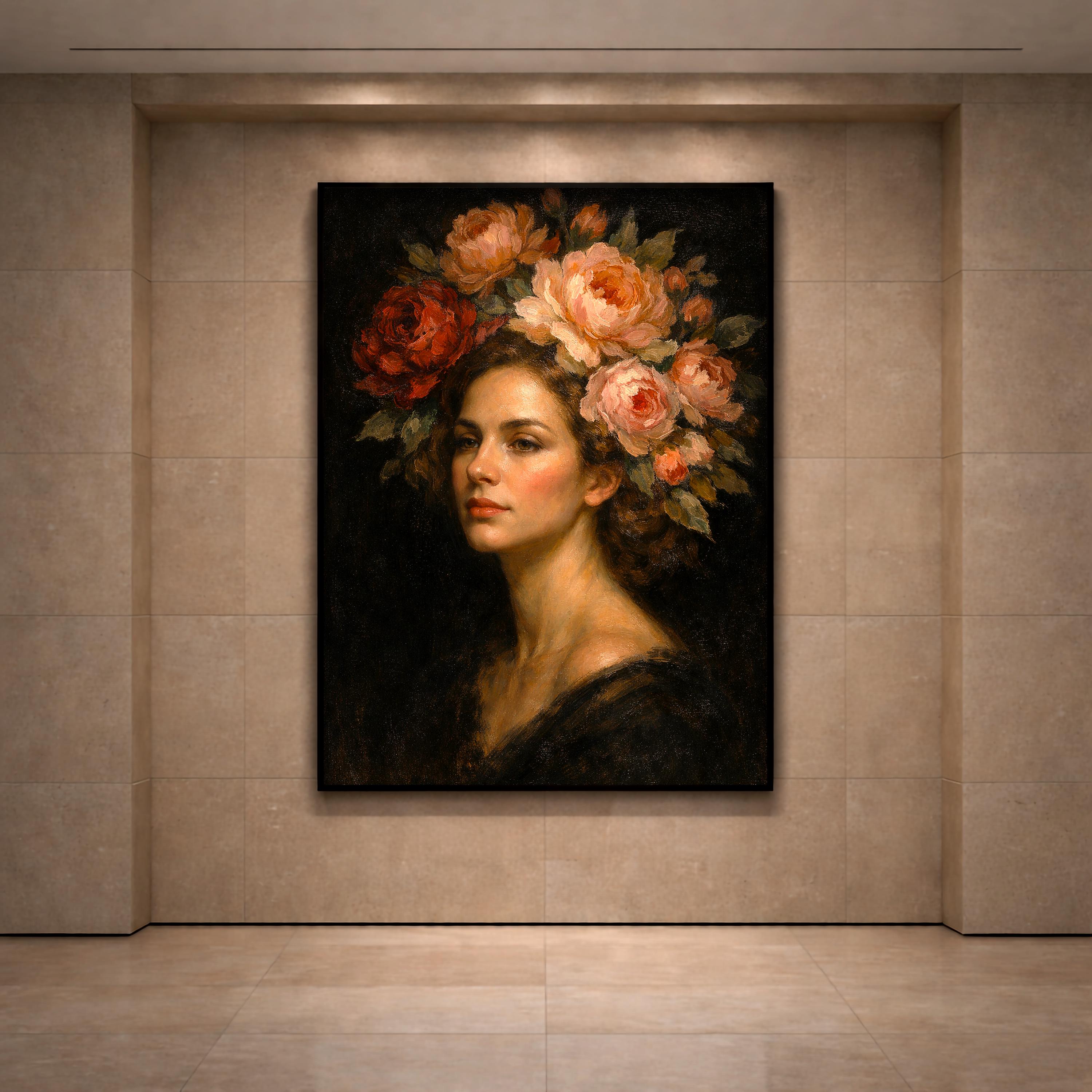 Çiçekli Portre Duvar Sanatı, Vintage Kadınsı Yağlı Boya Tablo Baskısı, Zarif Kadın Dekorasyonu