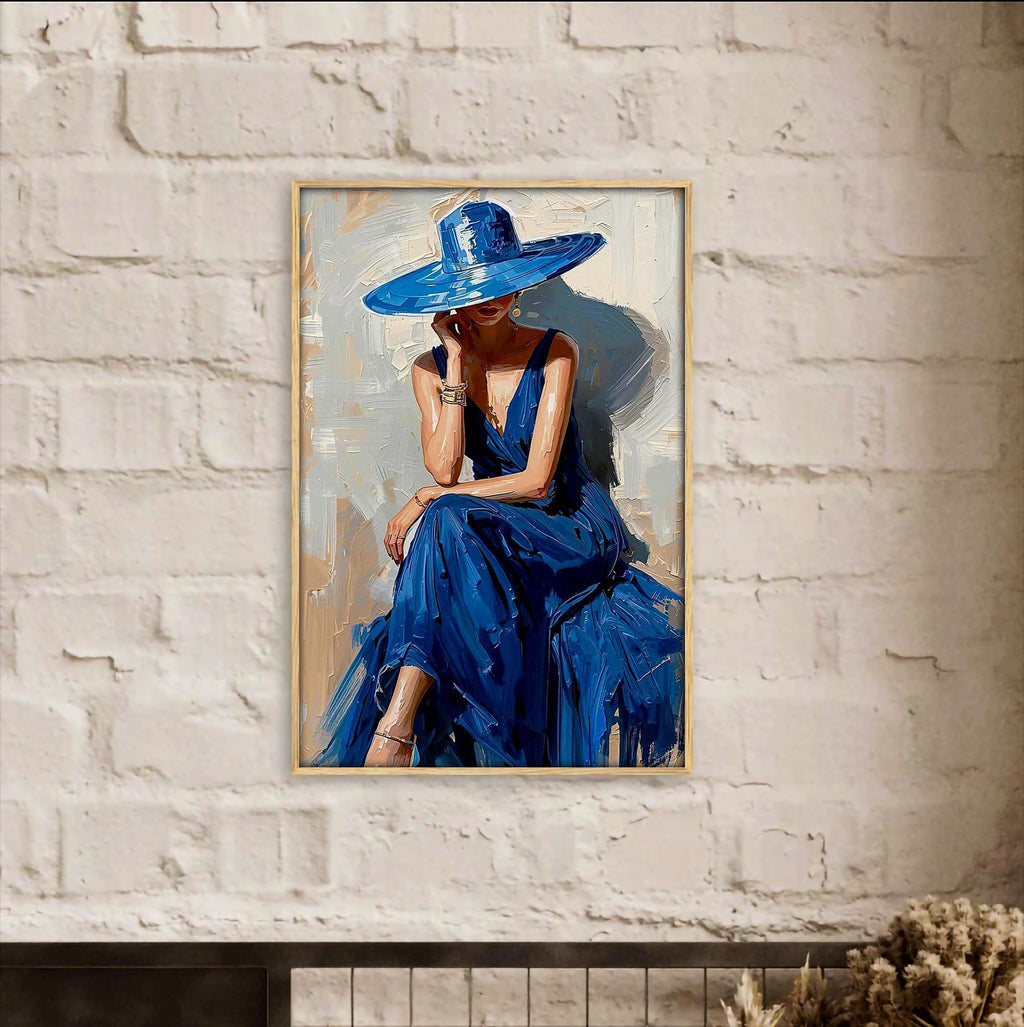 Zarif Moda Portre Duvar Sanatı, Mavi Elbiseli Kadın Baskısı, Modern Kadınsı Dekorasyon
