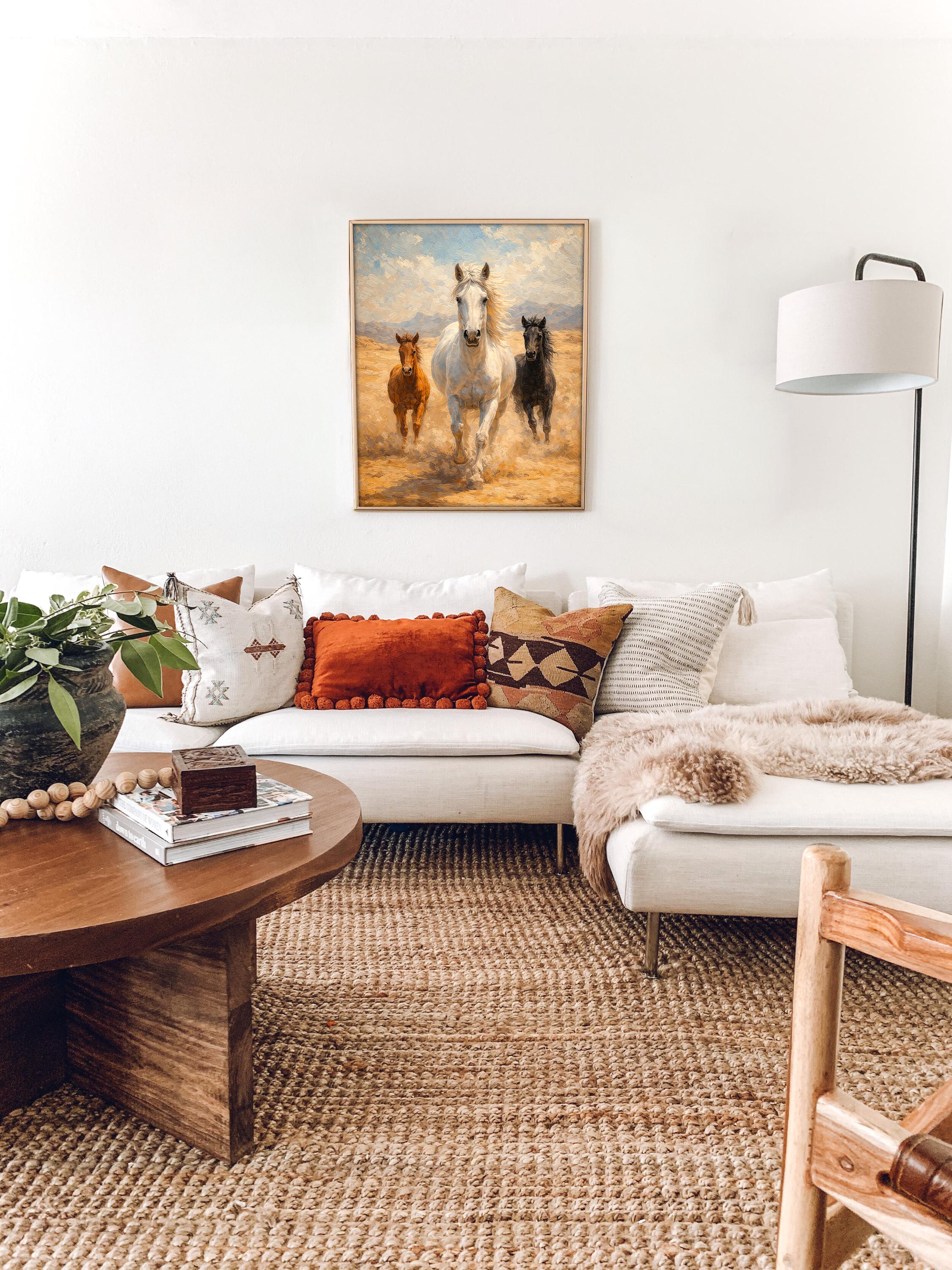 Atlar Duvar Sanatı | Beyaz At ve Tayları Yağlı Boya Tablo Tarzı | Özgürlük Hayvanı Sanat Baskısı