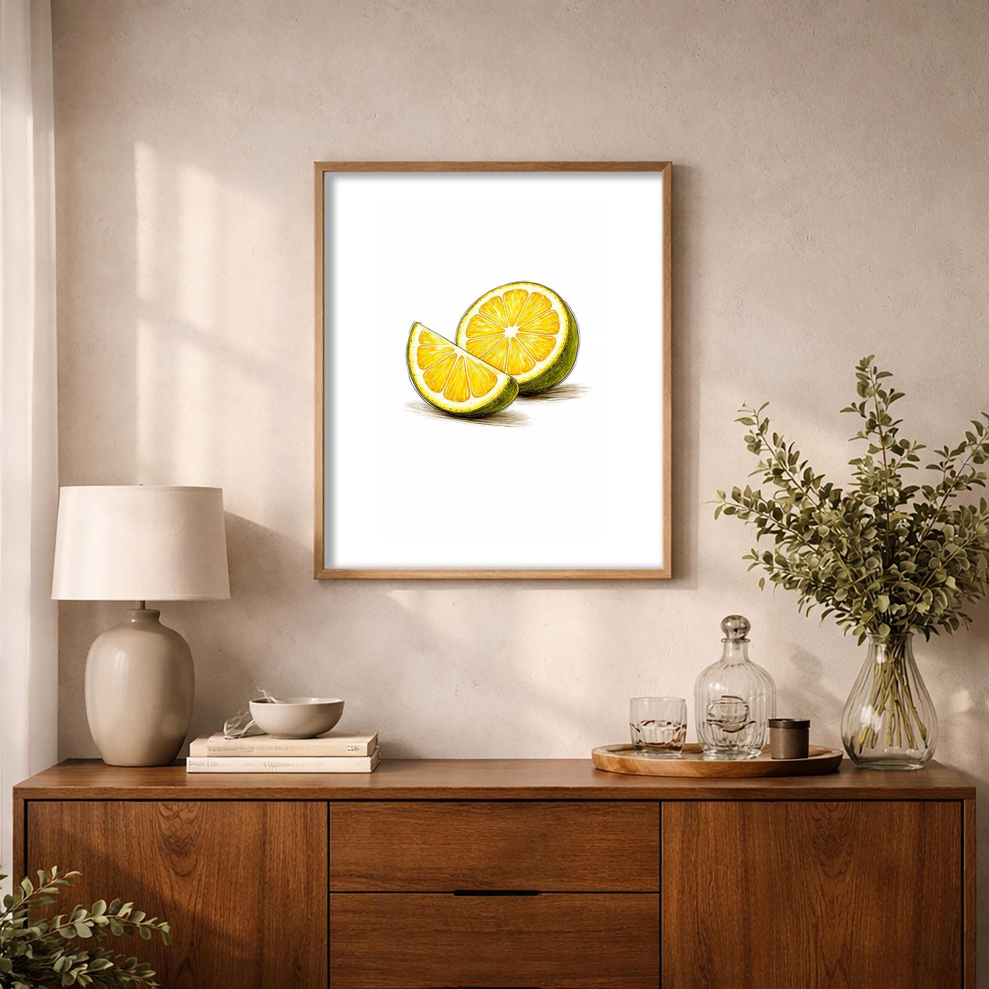 Limon Duvar Sanatı | Minimalist Narenciye Temalı Mutfak Baskısı, Modern Yemek İllüstrasyonu, Ferah Mutfak Dekorasyonu