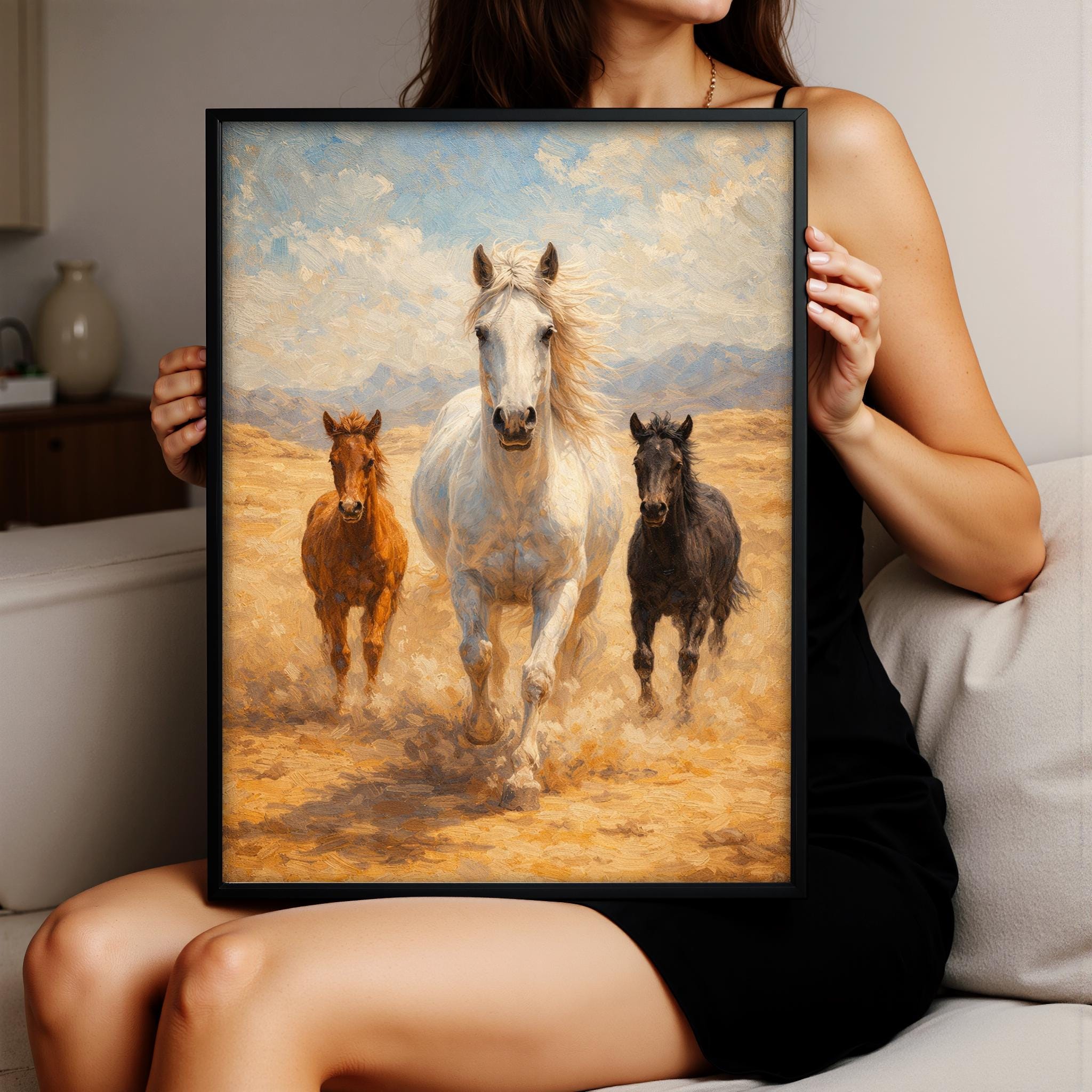 Atlar Duvar Sanatı | Beyaz At ve Tayları Yağlı Boya Tablo Tarzı | Özgürlük Hayvanı Sanat Baskısı